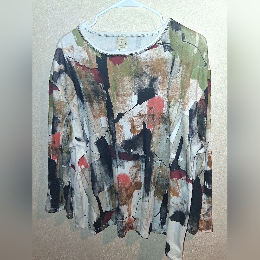 Jess & Jane Top Womens 3X Abstract 100% Cotton Artsy C 3/4 Sleeve USA